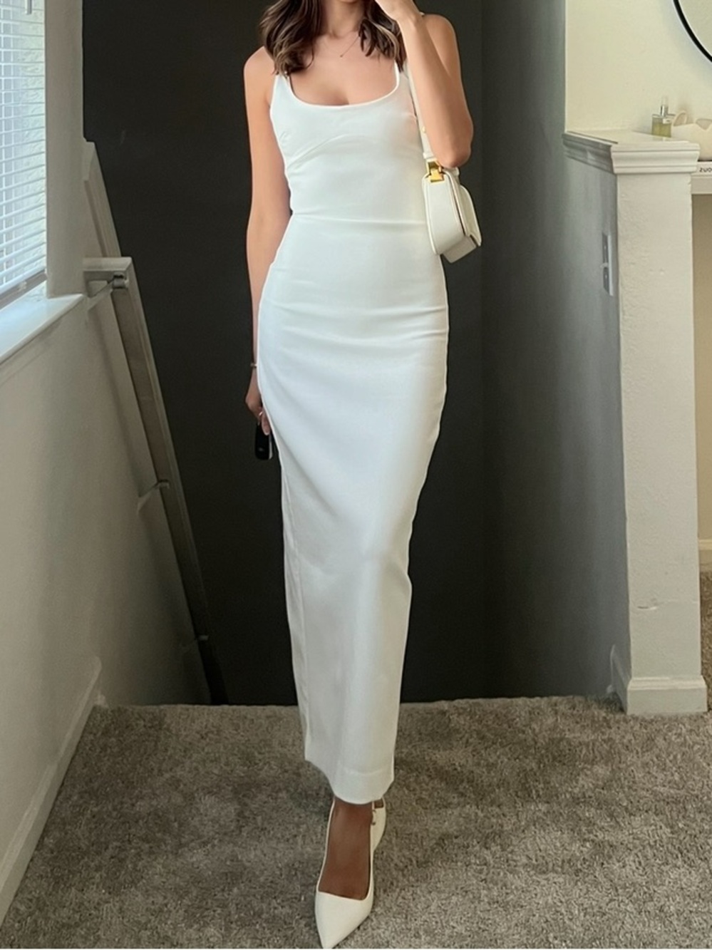 Zara White Scoop Neck Bodycon Midi Dress